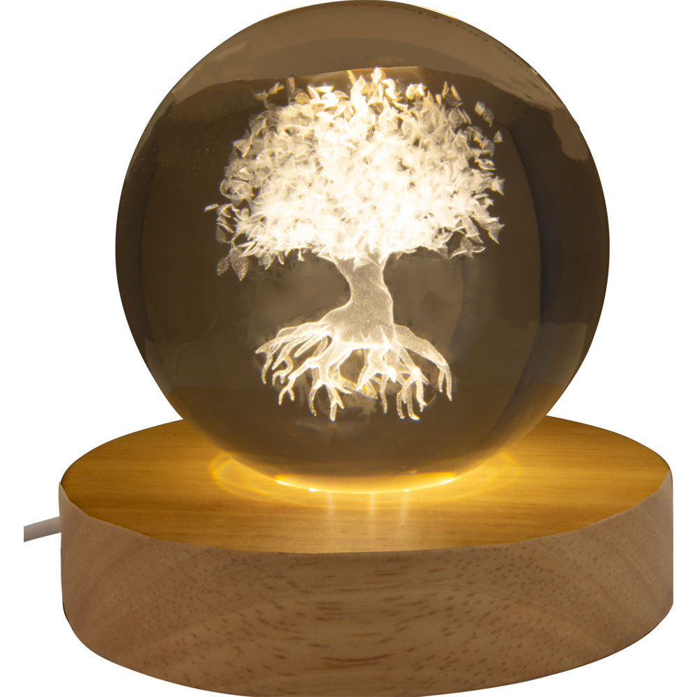 Glass Crystal Ball - 3D Laser Engraved w/ Wood LED Light Base - Tree of Life